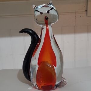 Murano Style Hand Blown Art Glass Cat Figurine Red Swirl  8 Inch